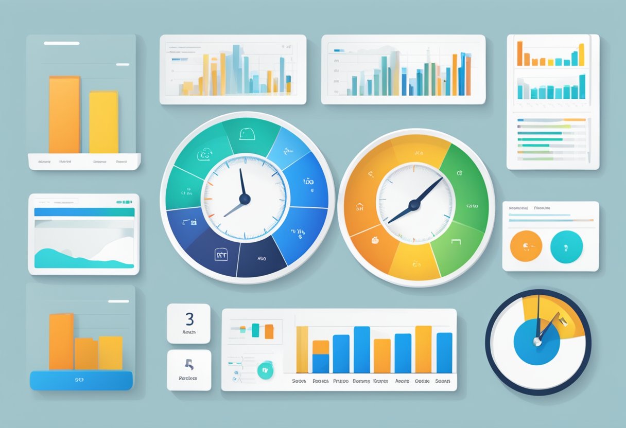 Un tableau de bord d'un logiciel de recrutement affiche des graphiques colorés, des diagrammes à secteurs sur un fond bleu clair, représentant diverses mesures et analyses de données.