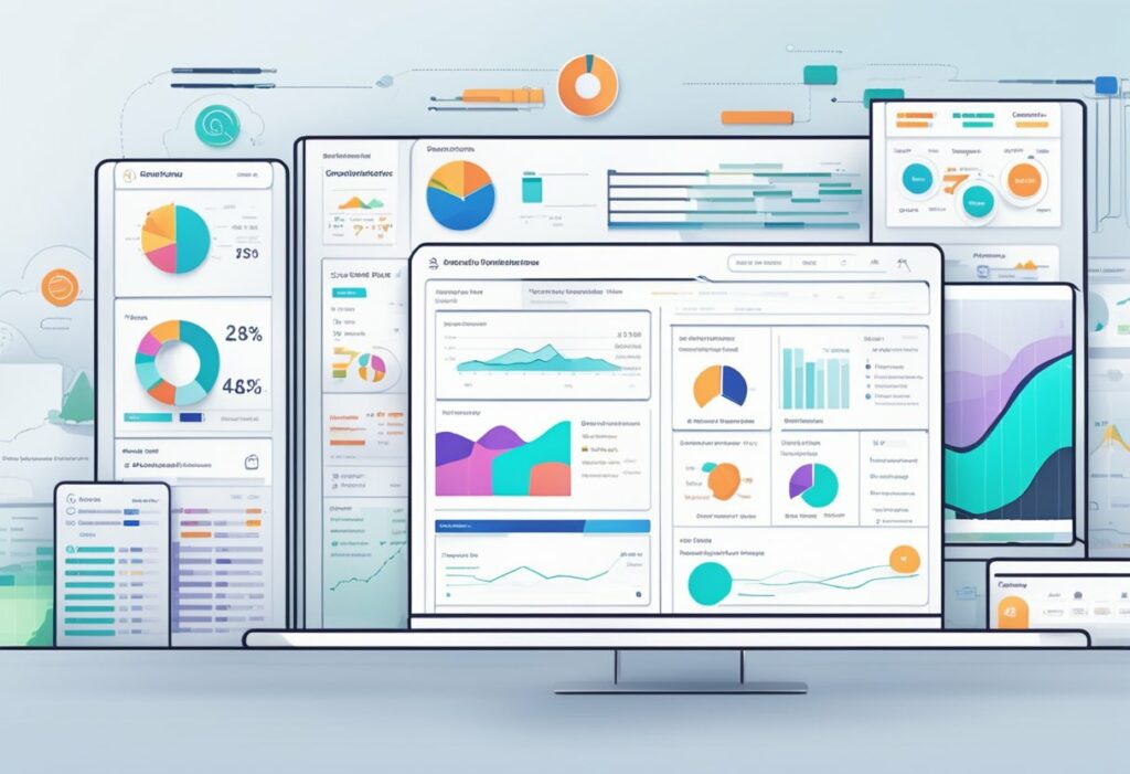 Différents écrans numériques affichant des graphiques, des diagrammes et des analyses de données. Ce sont des données d'un processus de recrutement via un ATS