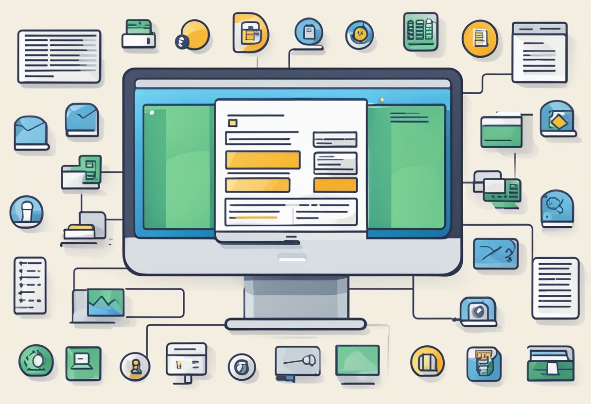 Illustration d'un écran d'ordinateur entouré de diverses icônes d'application colorées représentant un logiciel de recrutement, des statistiques sur les embauches et des documents (CV, lettre de motivation...)