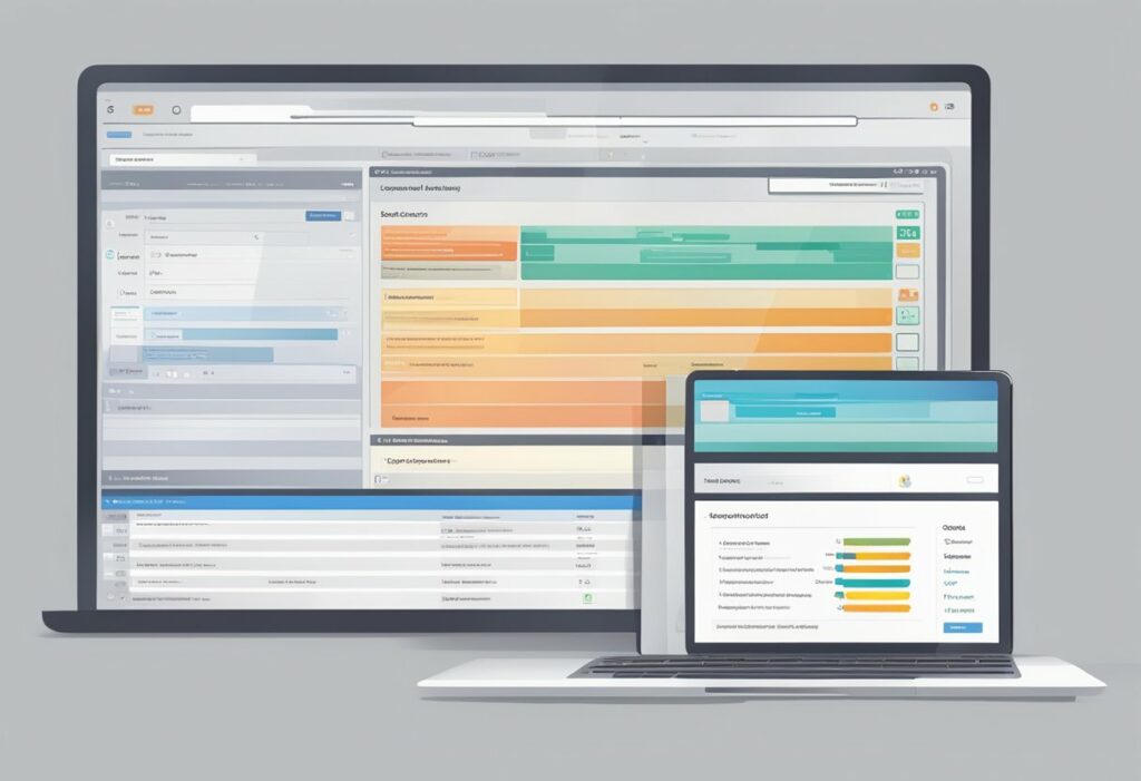 Un ordinateur portable et une tablette présentent une interface de tableau de bord d'entreprise ornée de graphiques et de tableaux colorés, intégrant de manière transparente les mots clés dans un ATS aux côtés de diverses mesures de données et d'outils d'analyse.