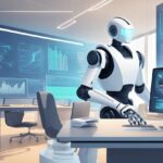 Un robot travaillant sur un ordinateur dans un bureau moderne avec des écrans numériques affichant des graphiques et des données d'emploi et de candidatures.