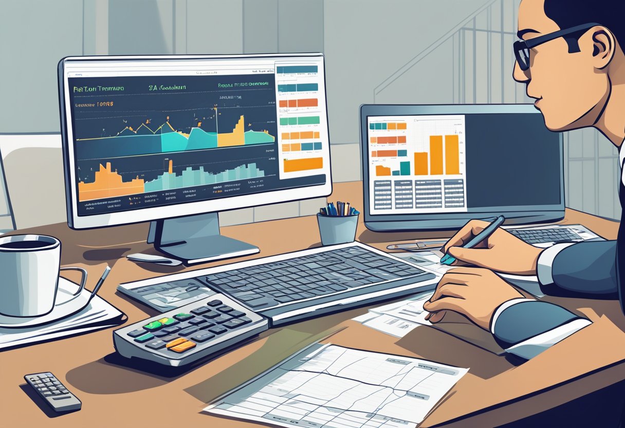 Une personne utilisant une calculatrice pour calculer le retour sur investissement (ROI) d'un système de suivi des candidatures (ATS), avec diverses données financières et graphiques affichés sur un écran d'ordinateur.