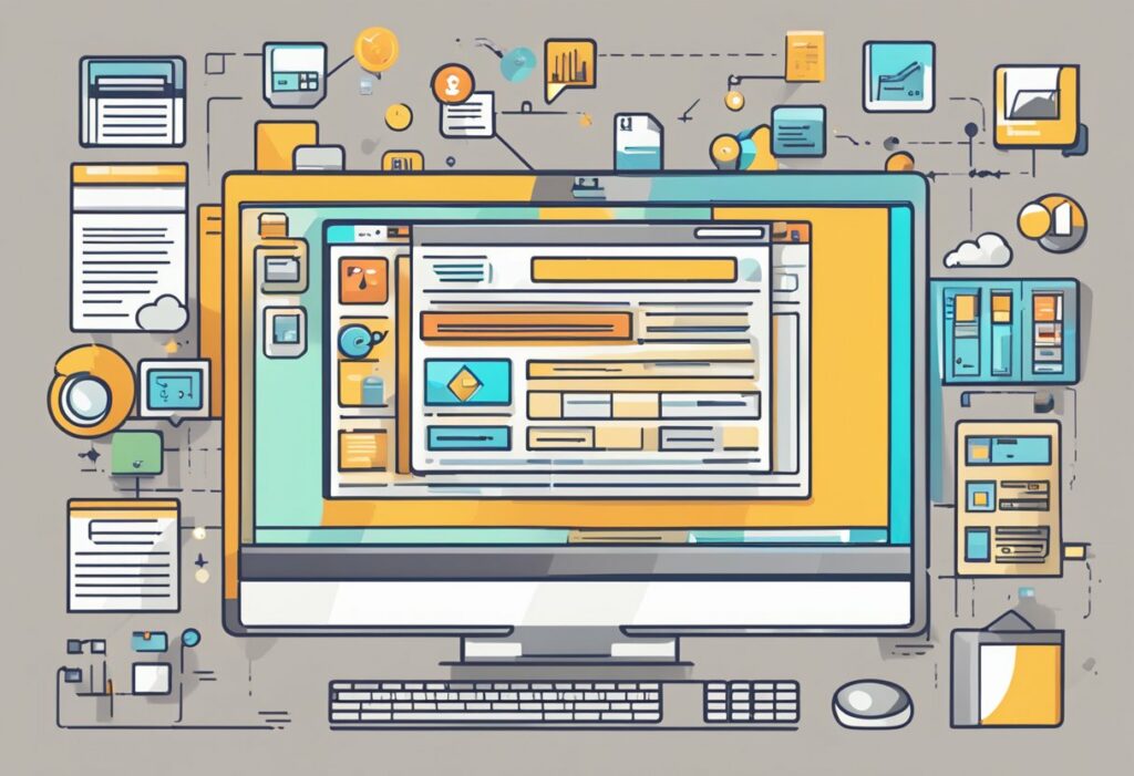 Un écran d'ordinateur avec une interface utilisateur complexe est entouré de diverses icônes numériques, représentant des éléments Web et des données interconnectés, intégrant de manière transparente les fonctionnalités ATS et améliorant les capacités de recherche booléenne.