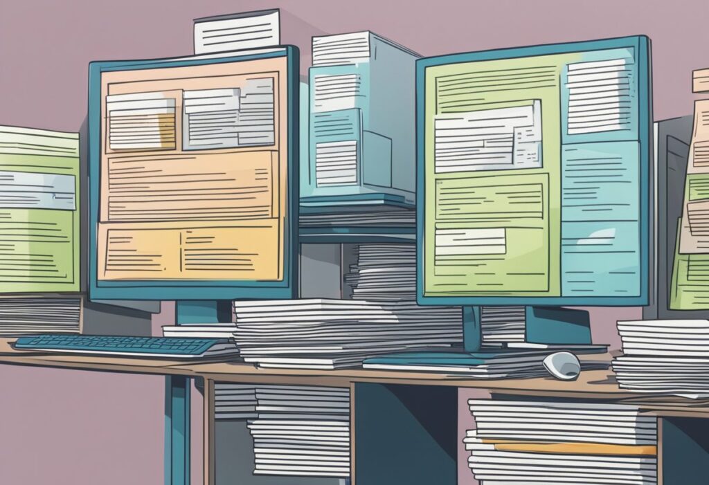 Un bureau encombré avec des piles de Curriculum Vitae, deux écrans affichant des documents, un clavier et une souris laisse entrevoir un espace de travail efficace où un ATS automatise le tri des CV, garantissant qu'aucun CV ne passe inaperçu.