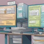 Un bureau encombré avec des piles de Curriculum Vitae, deux écrans affichant des documents, un clavier et une souris laisse entrevoir un espace de travail efficace où un ATS automatise le tri des CV, garantissant qu'aucun CV ne passe inaperçu.