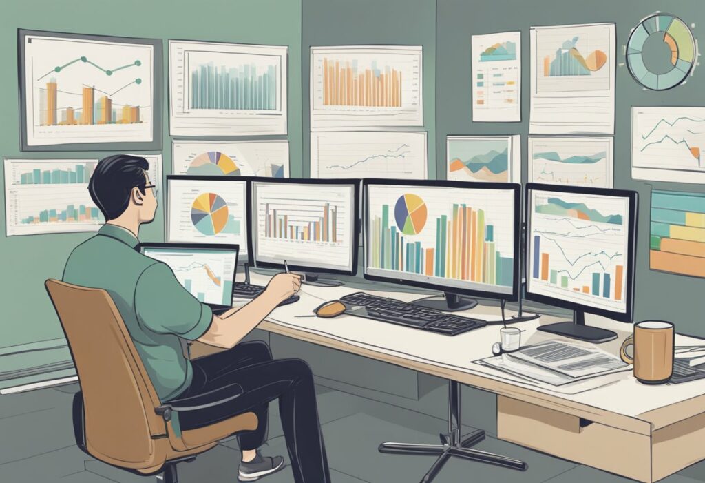 Une personne analyse des graphiques et des diagrammes sur des écrans d'ordinateur et des écrans muraux dans un environnement de bureau, en utilisant les données de sourcing d'un ATS pour obtenir des informations plus approfondies.