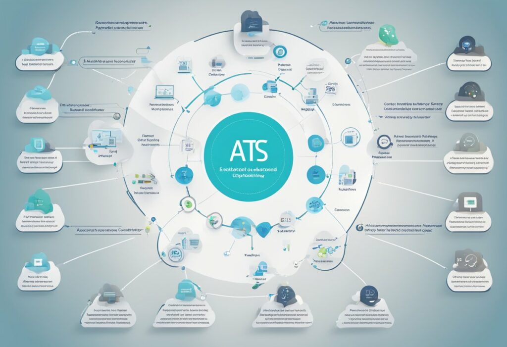 Infographie illustrant l'écosystème ATS, avec des nœuds interconnectés représentant différents composants et tâches. Le cercle central « ATS » met en valeur l'expérience candidat dans un ATS, entouré d'icônes et de bulles de texte dans une disposition circulaire.