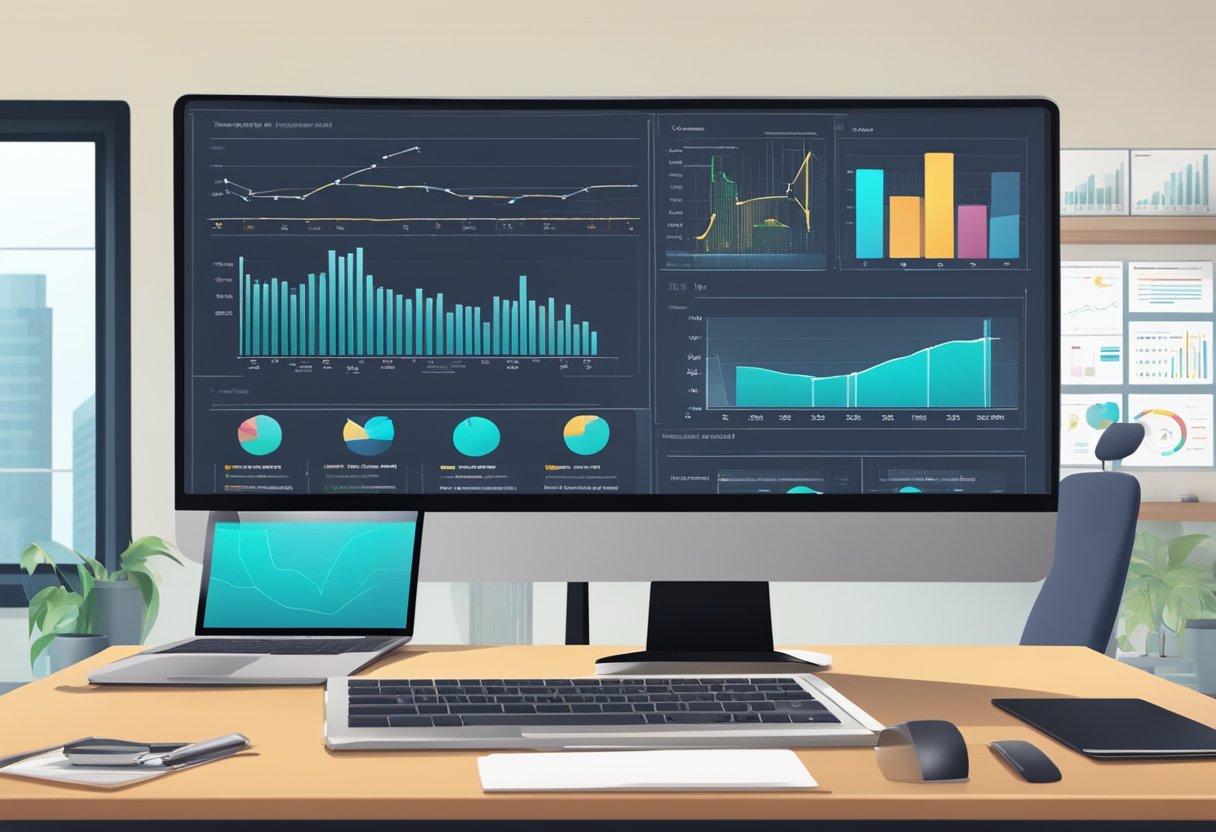 Un écran d'ordinateur affichant un tableau de bord avec des analyses de données et des graphiques, entouré d'un cadre de bureau moderne avec un bureau et une chaise.