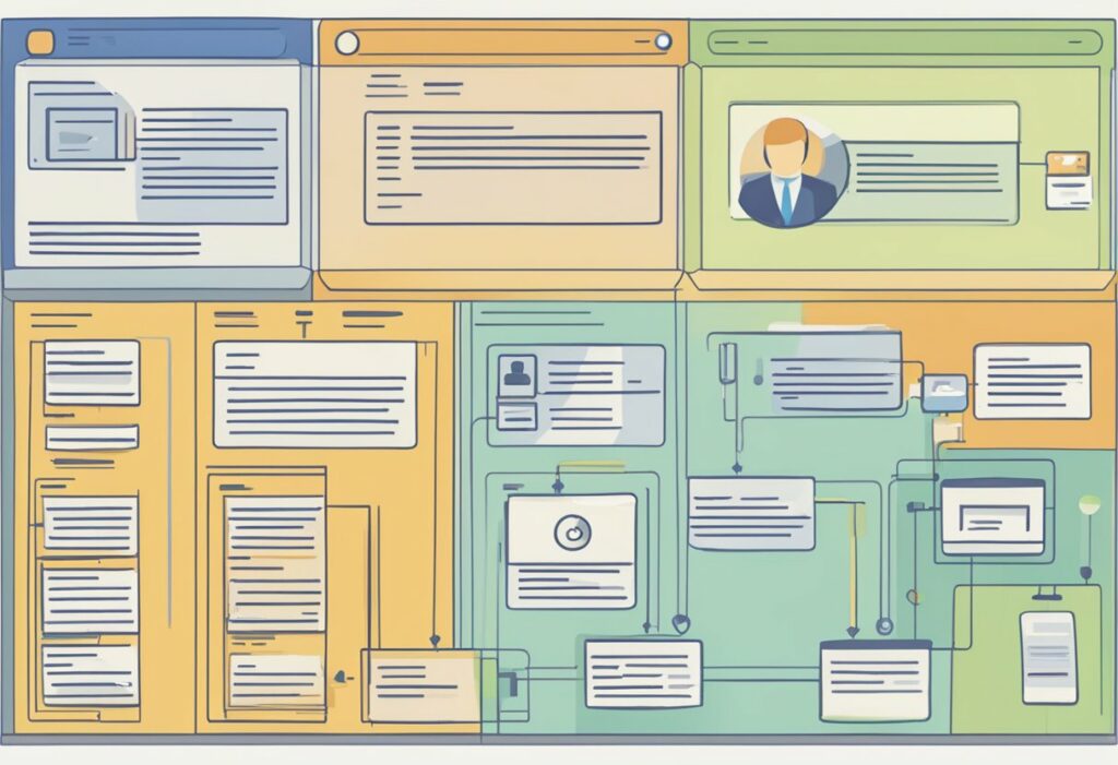 Diagramme d'une interface de site Web avec plusieurs panneaux contenant du texte, des images et des éléments d'organigramme reliés par des lignes, illustrant une mise en page complexe et une structure de navigation semblable à un workflow dans un ATS.