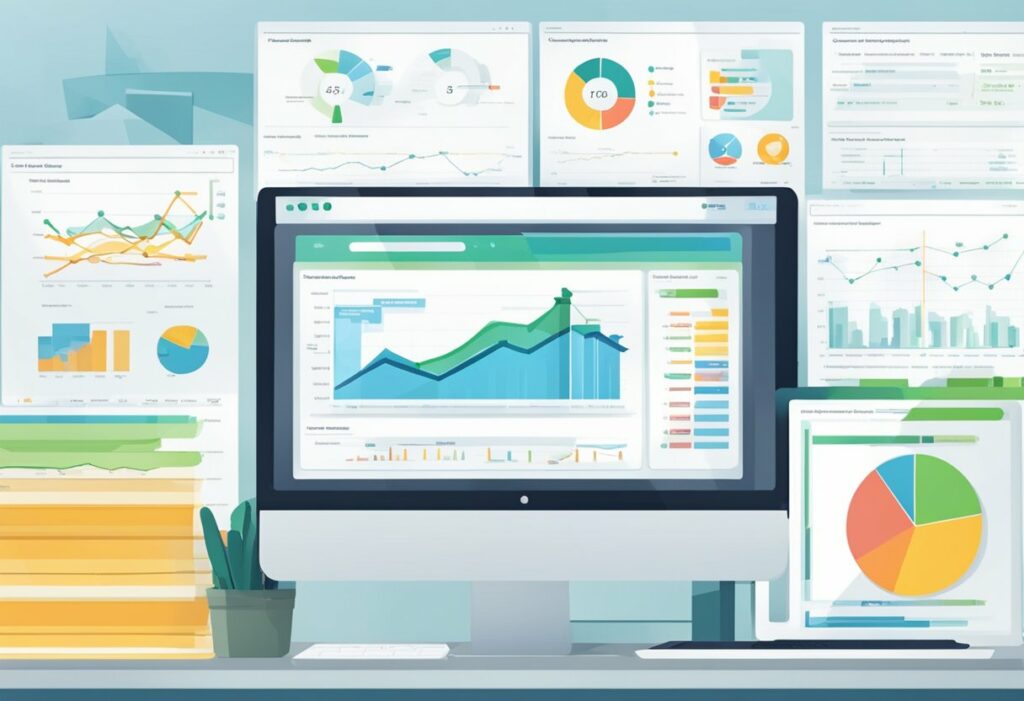 Un écran d'ordinateur affiche divers tableaux d'analyse de données, graphiques et tableaux de bord faisant partie intégrante du logiciel de recrutement et d'évaluation des performances. Des graphiques supplémentaires sont visibles sur les écrans environnants, illustrant les tendances et les statistiques.