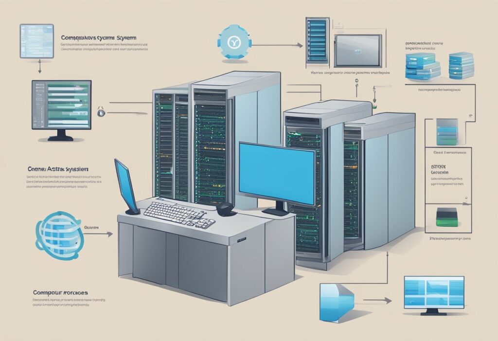 Illustration d'une configuration de salle de serveurs comprenant plusieurs serveurs et un bureau avec un ordinateur, entouré d'icônes et d'étiquettes liées à la technologie, mettant en évidence les systèmes ATS open source et propriétaires.