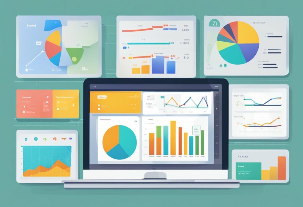 Un écran d'ordinateur portable affiche divers graphiques et diagrammes colorés, présentant des KPI pour mesurer les performances d'un ATS, entourés d'écrans supplémentaires avec des visualisations de données similaires sur un fond bleu sarcelle.