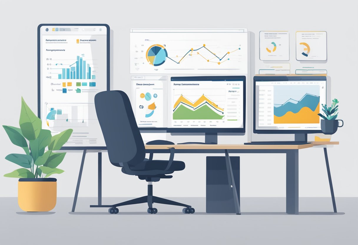 Un bureau de bureau moderne et élégant avec un écran d'ordinateur affichant des indicateurs de logiciels de recrutement et un tableau blanc avec des KPI listés. Un graphique montre l'amélioration de l'efficacité.