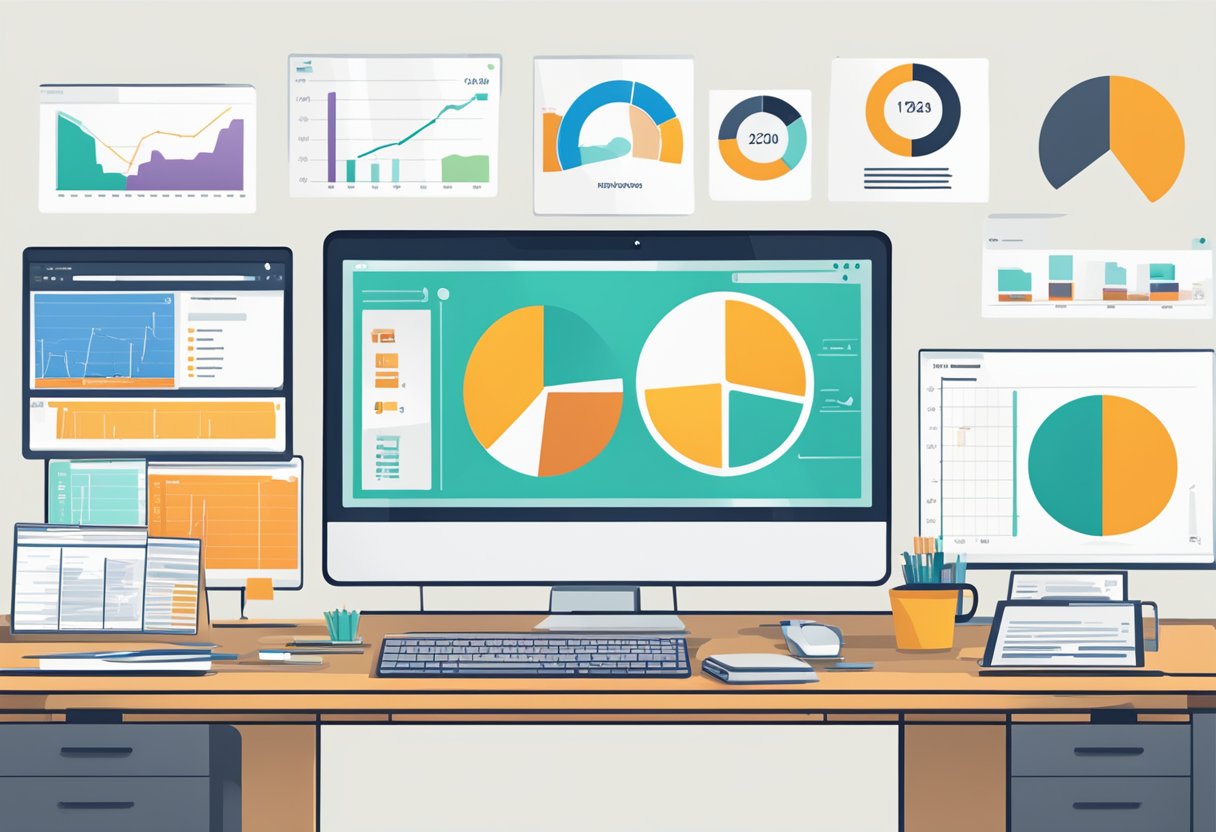 Un bureau avec un écran d'ordinateur affichant les indicateurs clés de performance (KPI) d'un logiciel de recrutement, entouré de graphiques et de diagrammes.