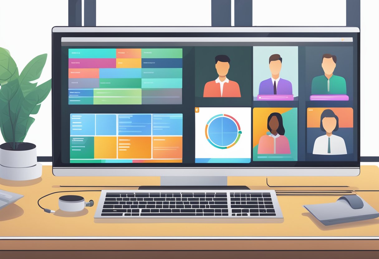 Illustration d'un écran d'ordinateur présentant un appel vidéo utilisant I'ATS et un outil de visioconférence, avec cinq personnes, des graphiques et des éléments d'interface dynamiques. La configuration est complétée par une plante, un bloc-notes et une tasse sur le bureau.