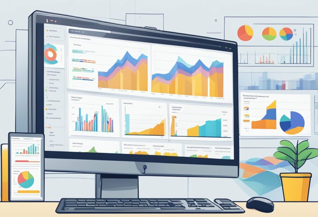 Dans un bureau moderne, un écran d'ordinateur et un smartphone présentent des graphiques et des diagrammes colorés, mettant en évidence la puissance de l'analyse prédictive dans les logiciels de recrutement. Un clavier, une souris et une petite plante complètent l'agencement élégant du bureau.