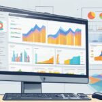 Dans un bureau moderne, un écran d'ordinateur et un smartphone présentent des graphiques et des diagrammes colorés, mettant en évidence la puissance de l'analyse prédictive dans les logiciels de recrutement. Un clavier, une souris et une petite plante complètent l'agencement élégant du bureau.