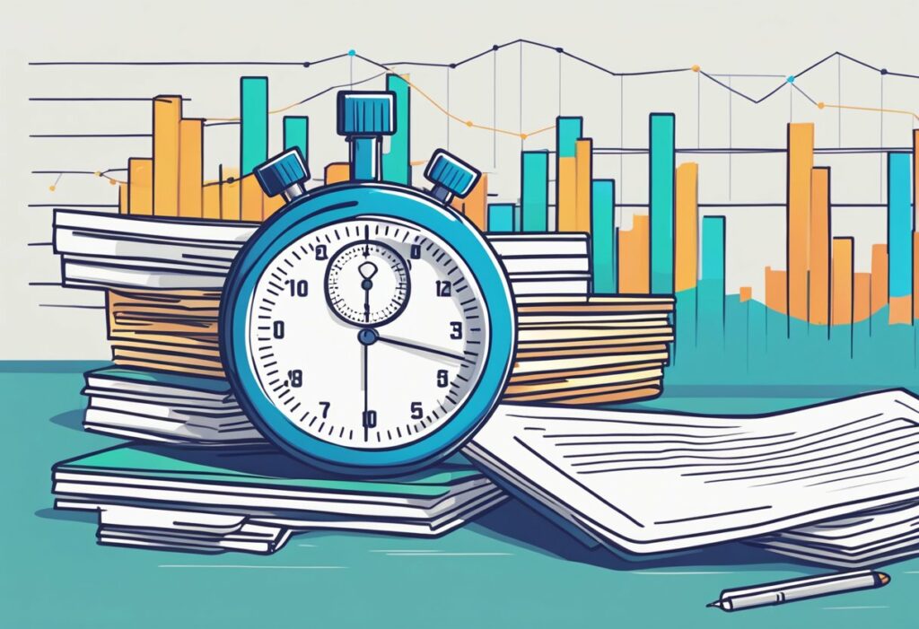 Illustration d'un chronomètre sur une pile de CV, avec des graphiques à barres et à lignes en arrière-plan, mettant en évidence le temps moyen de recrutement dans le processus.