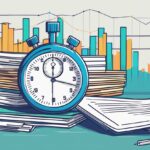 Illustration d'un chronomètre sur une pile de CV, avec des graphiques à barres et à lignes en arrière-plan, mettant en évidence le temps moyen de recrutement dans le processus.