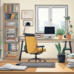 Un bureau à domicile confortable, parfait pour le télétravail sur un logiciel ATS, avec un bureau, un ordinateur et une chaise jaune accueillante. Entouré d'étagères et de plantes luxuriantes avec des piles de livres ajoutant du charme. Une fenêtre permet à la lumière naturelle d'inonder l'espace, créant un environnement idéal pour la concentration et la productivité.