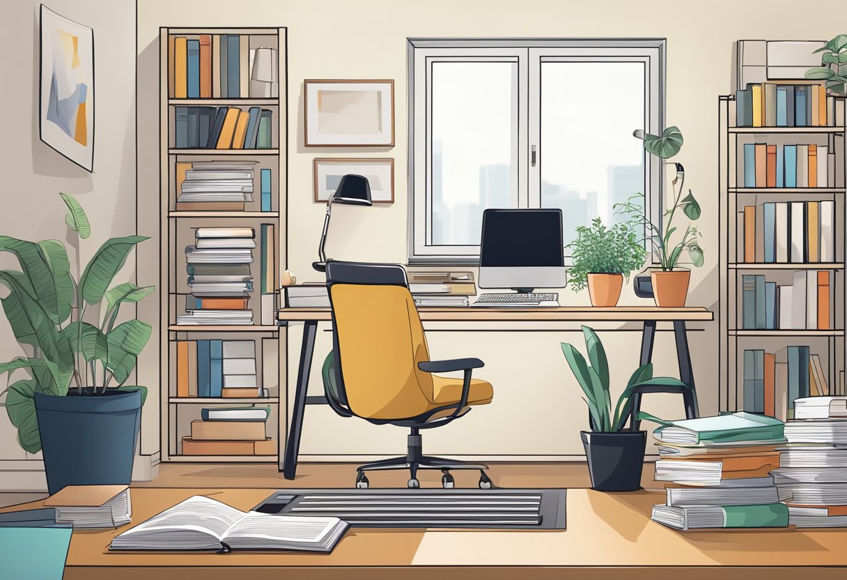 Un bureau à domicile confortable, parfait pour le télétravail sur un logiciel ATS, avec un bureau, un ordinateur et une chaise jaune accueillante. Entouré d'étagères et de plantes luxuriantes avec des piles de livres ajoutant du charme. Une fenêtre permet à la lumière naturelle d'inonder l'espace, créant un environnement idéal pour la concentration et la productivité.