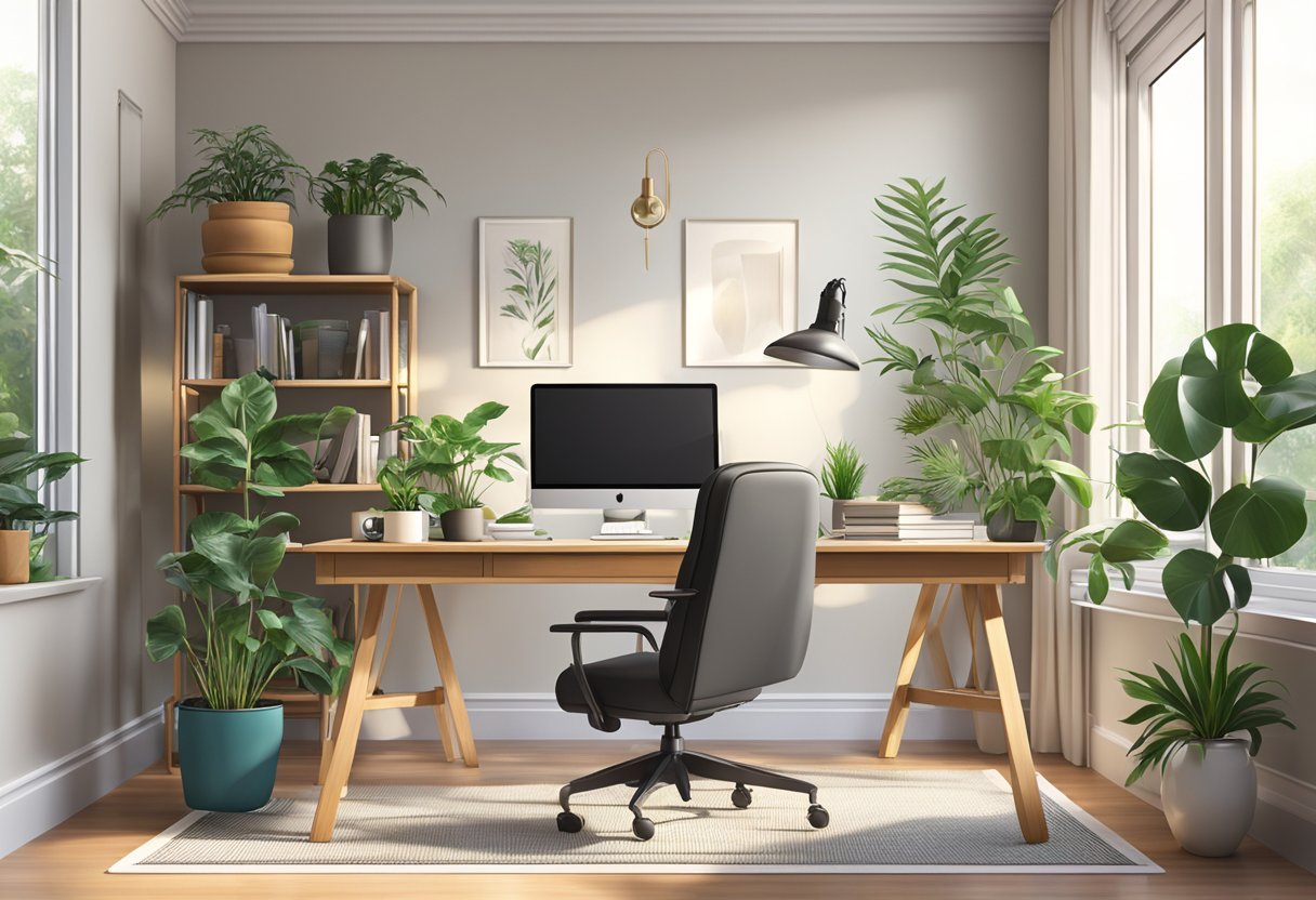 Un bureau à domicile paisible avec un ordinateur, un bureau et une chaise entourés de plantes et de lumière naturelle