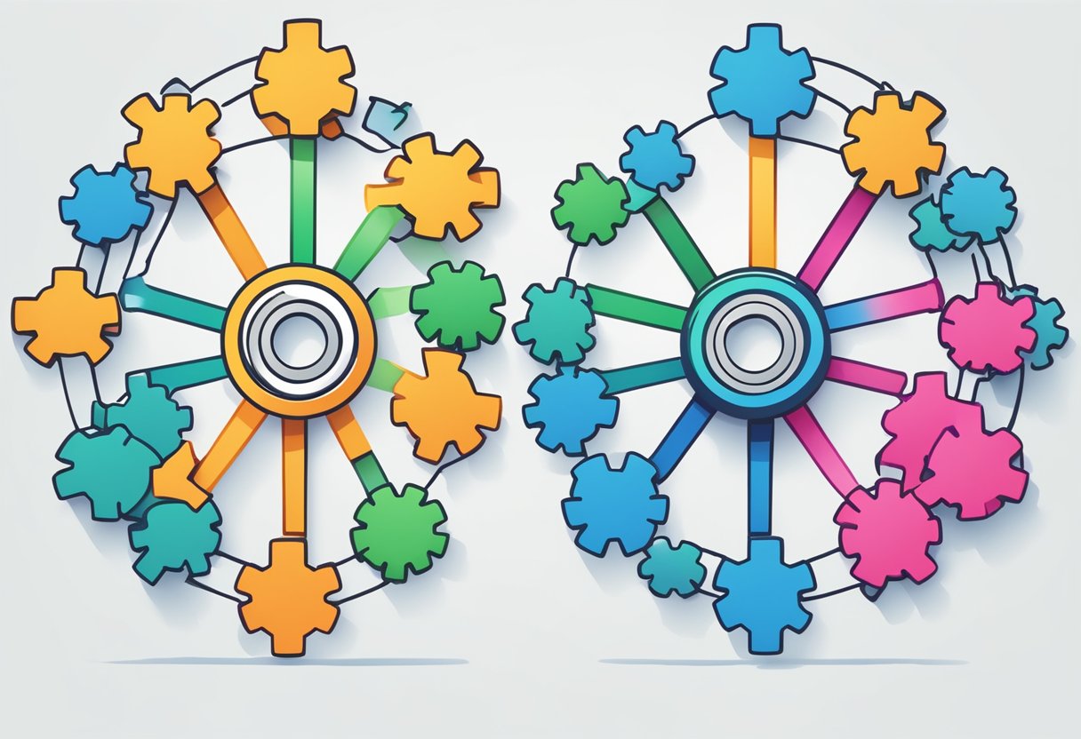 Deux engrenages interconnectés constitués de pièces de puzzle colorées, avec un moyeu central et différentes formes, illustrent le travail d'équipe, la collaboration et l'interopérabilité entre les systèmes ATS et CRM.