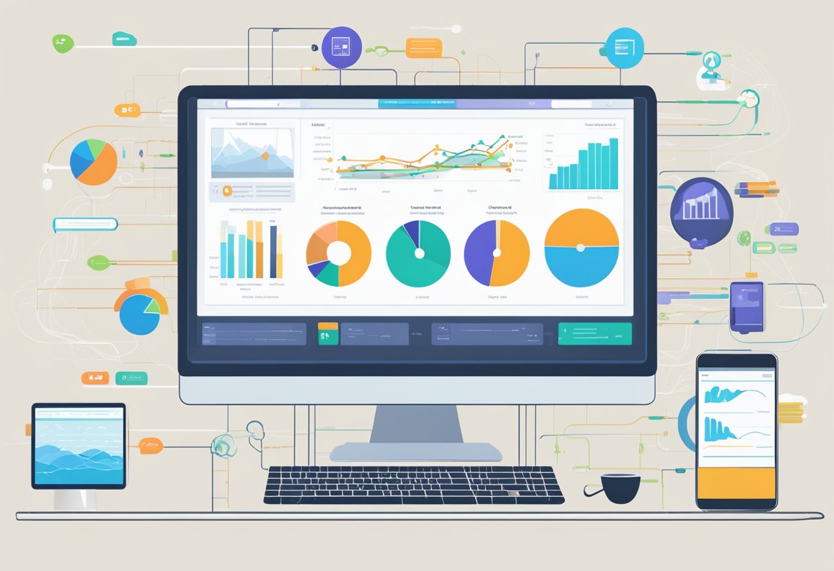 Un écran d'ordinateur affichant un flux continu de données entre un ATS et un système CRM, avec des informations claires et organisées synchronisées en temps réel.