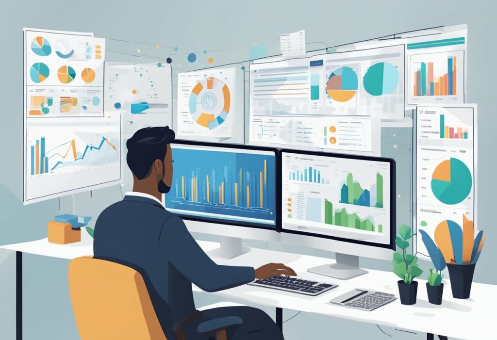 Dans un bureau rempli de plantes en pot et de papiers, une personne analyse des données sur plusieurs écrans d'ordinateur. Des graphiques et des diagrammes colorés présentent des informations sur l'efficacité du système de suivi des candidatures et sur les différents canaux de recrutement de l'ATS.