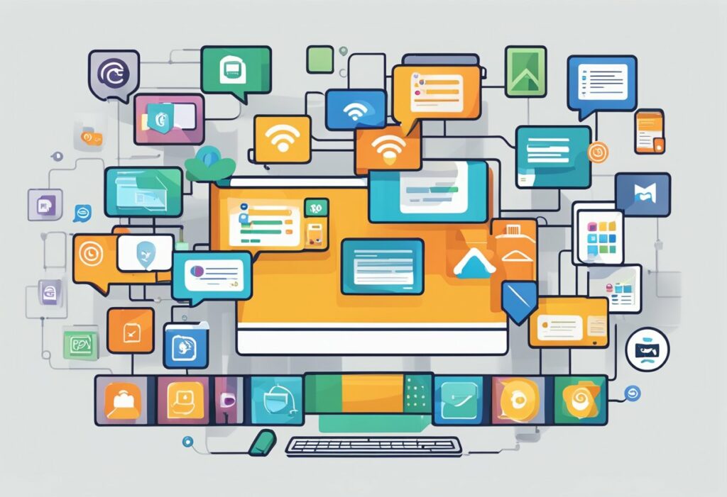 Illustration d'un ordinateur entouré de diverses icônes colorées et d'éléments d'interface numérique, représentant la technologie, la connectivité et les outils de communication modernes comme les SMS.