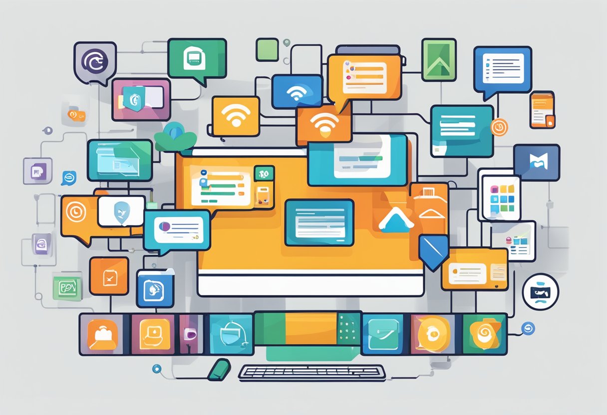 Illustration d'un ordinateur entouré de diverses icônes colorées et d'éléments d'interface numérique, représentant la technologie, la connectivité et les outils de communication modernes comme les SMS.