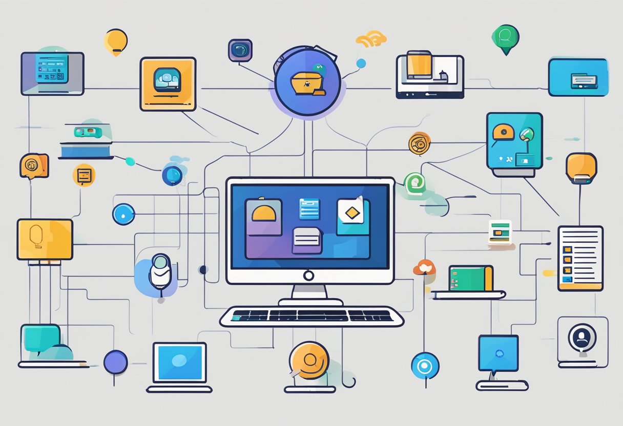 Un écran d'ordinateur affichant des outils de communication intégrés dans une plateforme ATS, entouré d'icônes représentant divers canaux de communication.