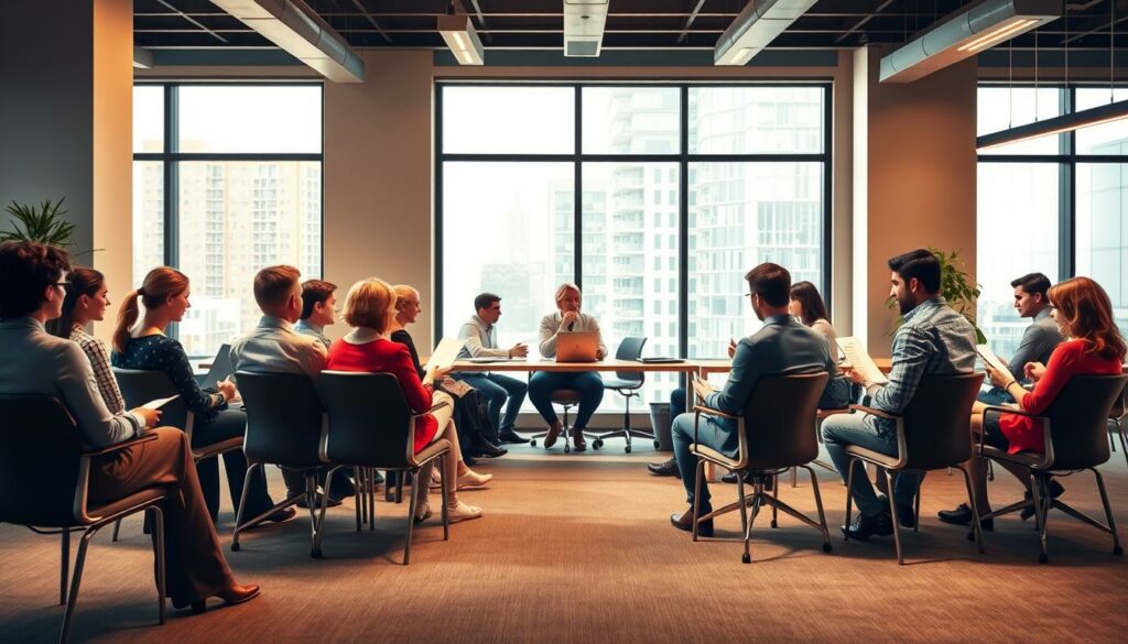 A bustling office scene depicting the recruitment process. In the foreground, a group of candidates sit in chairs, their expressions ranging from eager anticipation to nervous tension. The middle ground features a panel of interviewers scrutinizing resumes and conducting interviews, their body language conveying a sense of professionalism and discernment. In the background, a sleek, modern office space with minimalist decor and large windows, bathed in warm, diffused lighting that creates a sense of productivity and focus. The overall atmosphere is one of a complex, multi-faceted recruitment procedure, where efficiency and attention to detail are paramount.