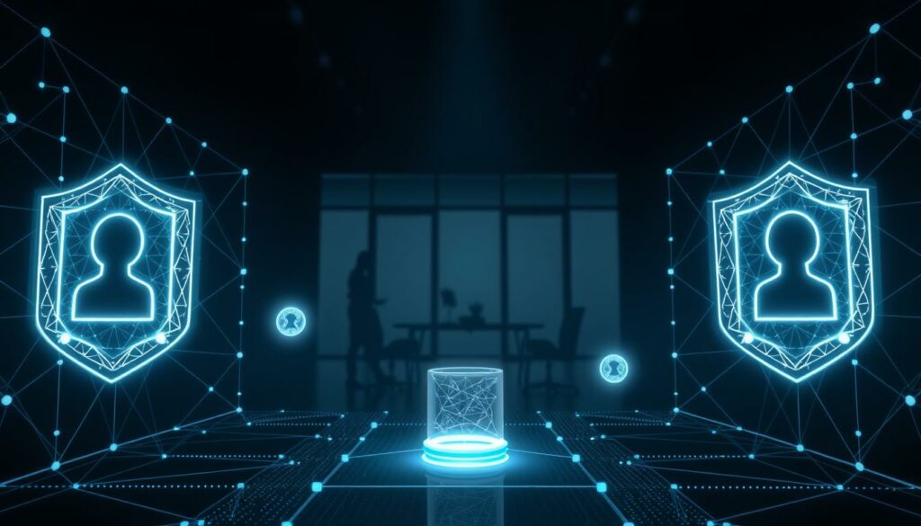 A sophisticated data privacy scene showcasing a set of virtual shields safeguarding candidate profiles. In the foreground, glowing transparent data capsules float, representing sensitive personal information. Surrounding them, a cohesive network of intersecting digital barriers form a protective barrier, rendered with intricate geometric patterns and a subtle luminescent glow. The middle ground features a discreet yet impactful silhouette of a corporate office environment, hinting at the context of a recruitment process. The background is shrouded in a moody, atmospheric haze, creating a sense of weightiness and importance to the data protection theme. Soft, directional lighting casts dramatic shadows, emphasizing the solidity and strength of the defensive structures. An overall aesthetic of sleek, high-tech minimalism conveys the gravity and complexity of data privacy in the age of AI-powered talent acquisition.