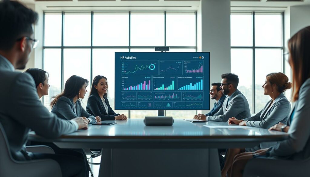 Une image de décisions RH stratégiques, au design professionnel et minimaliste. Au premier plan, un groupe de personnes en tenue professionnelle, réunies autour d'une table de conférence élégante, se livrent à une discussion intense. Un éclairage doux et directionnel illumine leurs visages, conférant une impression de réflexion approfondie. Au second plan, un grand écran numérique présente des analyses et des indicateurs RH pertinents, fournissant une base de discussion fondée sur des données. L'arrière-plan présente un espace de bureau moderne et épuré, doté de baies vitrées qui laissent filtrer la lumière naturelle et créent une atmosphère d'ouverture et de clarté. L'atmosphère générale est celle d'un professionnalisme calculé, soulignant l'importance d'une stratégie RH axée sur les données.