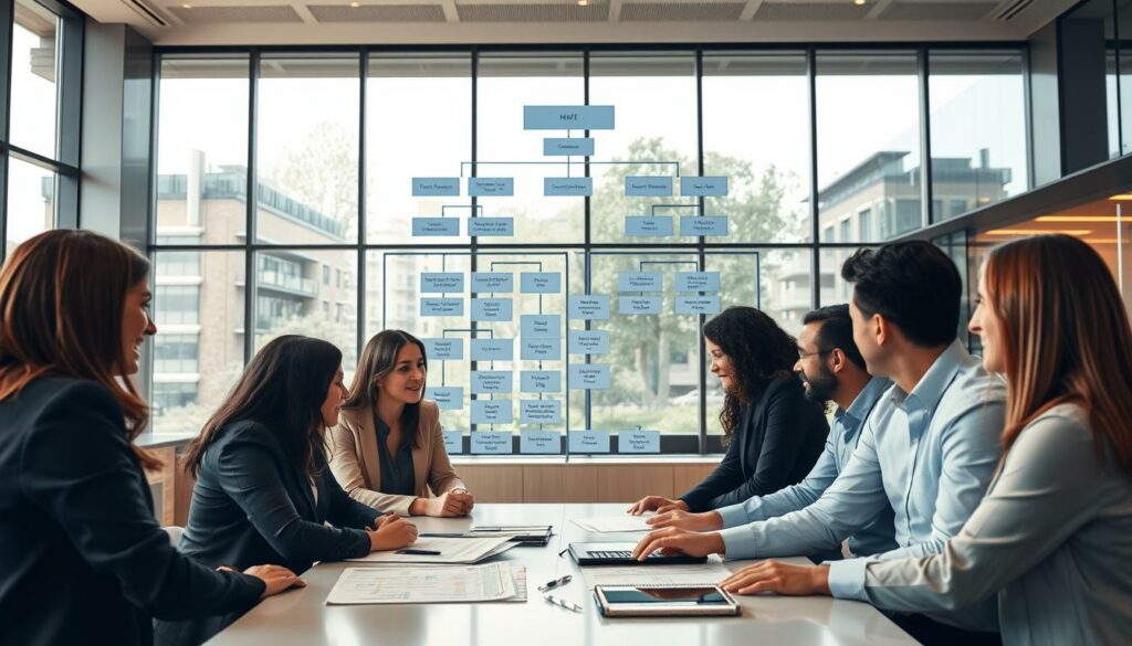 A strategic human resources integration scene. In the foreground, a group of diverse business people collaborate around a table, discussing plans and exchanging ideas. In the middle ground, a towering organizational chart depicts the interconnected departments and workflows. The background features a sleek, modern office environment with floor-to-ceiling windows, allowing natural light to flood the space. The overall atmosphere conveys a sense of professionalism, efficiency, and a collaborative approach to HR integration within the organization. Warm lighting, clean lines, and muted colors create a sophisticated, business-focused tone.