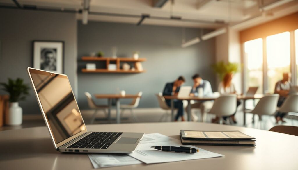 A tranquil modern office space, bathed in warm natural light filtering through large windows. In the foreground, a desk with a laptop, a tablet, and a pen resting on carefully organized paperwork. On the walls, simple yet elegant artwork and minimalist shelves displaying a few carefully curated items. In the background, blurred but visible, coworkers collaborating at tables, their faces expressing contentment and a sense of accomplishment. The overall atmosphere conveys a harmonious, productive, and fulfilling workspace, reflecting the &quot;successful integration&quot; of efficient processes and technology into a positive work environment.