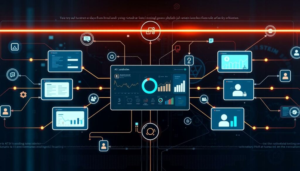 Evolution of applicant tracking systems: a futuristic visualization depicting a seamless flow of candidate data, with clean user interfaces, intuitive analytics, and a sleek, minimalist aesthetic. The scene features a central dashboard displaying real-time recruitment metrics, surrounded by a dynamic array of interconnected modules - resume parsing, interview scheduling, candidate scoring, and more. The overall tone is one of efficiency, sophistication, and technological progress, reflecting the vital role of modern ATS in streamlining the recruitment process. Warm lighting casts a subtle glow, creating a sense of professionalism and advancement. The composition emphasizes the integration and optimization of recruitment workflows, visually conveying the concept of &amp;amp;quot;Comprendre le rôle des ATS dans le recrutement moderne&amp;amp;quot;.