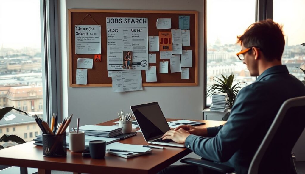 Une personne concentrée dans un bureau organisé cherche un emploi en France, entourée de ressources et d’une vue sur une ville française, symbolisant détermination et espoir professionnel.
