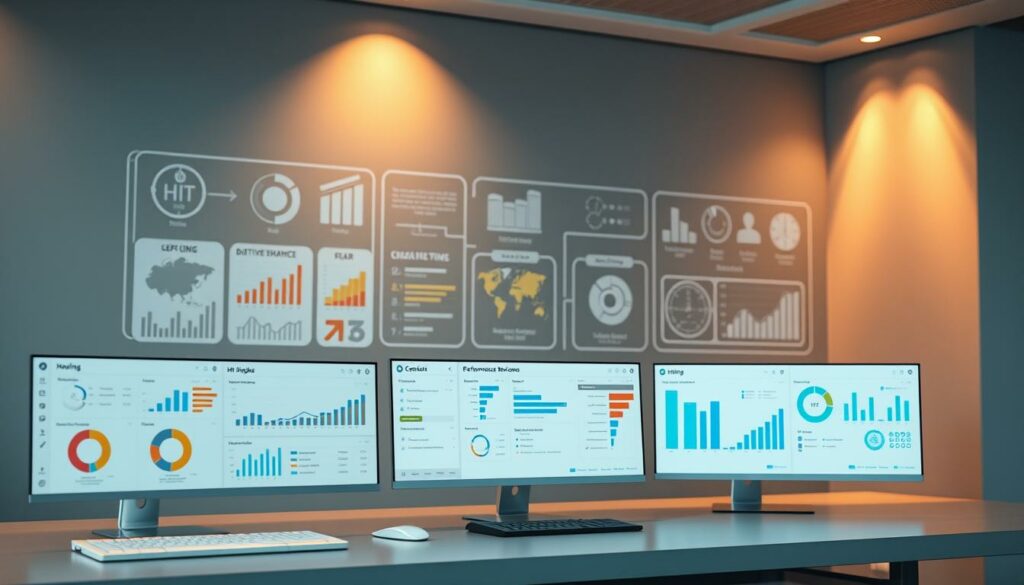 Un espace de travail de bureau moderne avec trois écrans affichant des tableaux et des graphiques, et une projection murale montrant des visualisations de données, idéal pour analyser les mesures d'entretien et optimiser l'embauche avec un ATS ou un logiciel de recrutement.