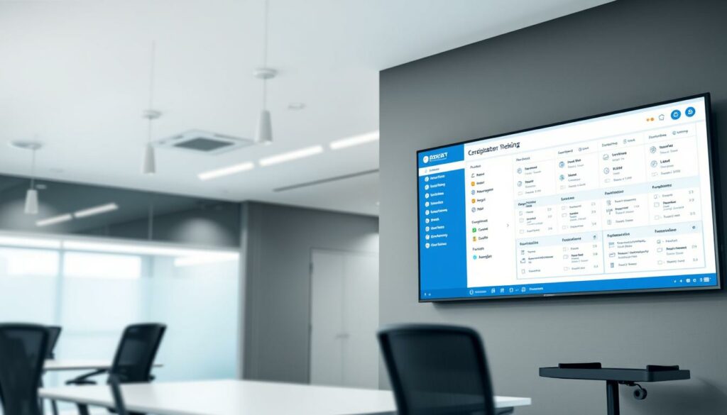 A modern, minimalist office setting with a prominent centralized recruitment software interface displayed on a large wall-mounted screen. The interface features clean, intuitive menus and candidate application tracking functionality. The lighting is soft and even, creating a professional, focused atmosphere. The room is sparsely furnished, with a few ergonomic workstations in the foreground, emphasizing the centralized, automated nature of the recruitment process. The background is blurred, drawing the viewer's attention to the central software display, which is the focal point of the image.