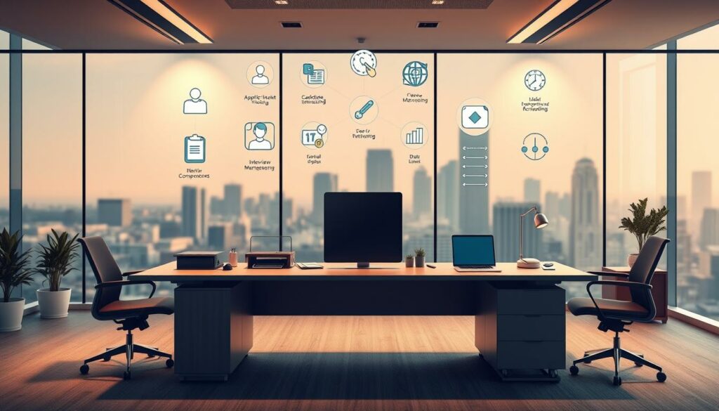 Bureau moderne avec deux bureaux faisant face à de grandes fenêtres donnant sur une ville et des icônes numériques liées à l'entreprise, telles que ATS et logiciel de recrutement, affichées dans l'air au-dessus des bureaux.