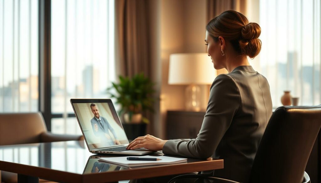 Une femme en tenue de travail est assise à un bureau et participe à un entretien vidéo recrutement avec un homme affiché sur l'écran de son ordinateur portable.
