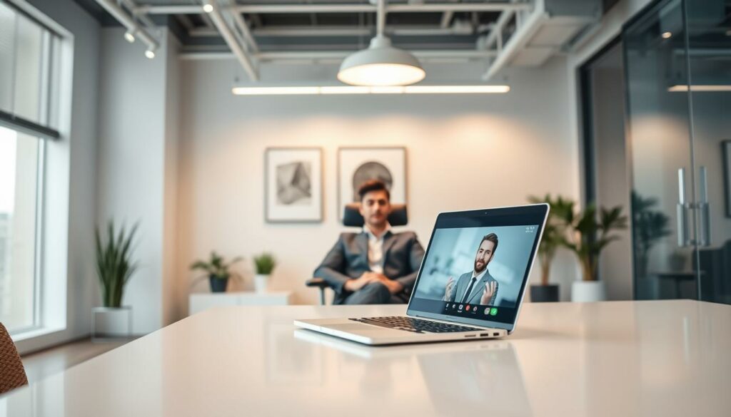 Un homme est assis dans un bureau moderne tandis qu'un ordinateur portable posé sur une table de conférence affiche une vidéo d'entretien avec un autre homme, éventuellement à l'aide d'un ATS ou d'un logiciel de recrutement.