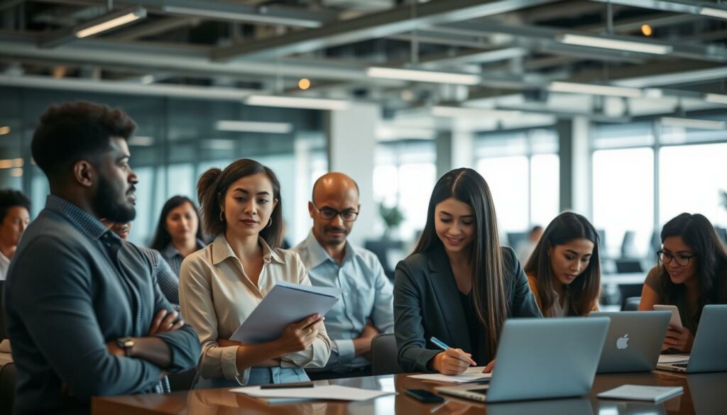 Dans un bureau moderne, un groupe de professionnels est assis à une table de conférence avec des ordinateurs portables et des documents. Ils discutent de la numérisation des RH et de la prise de notes.