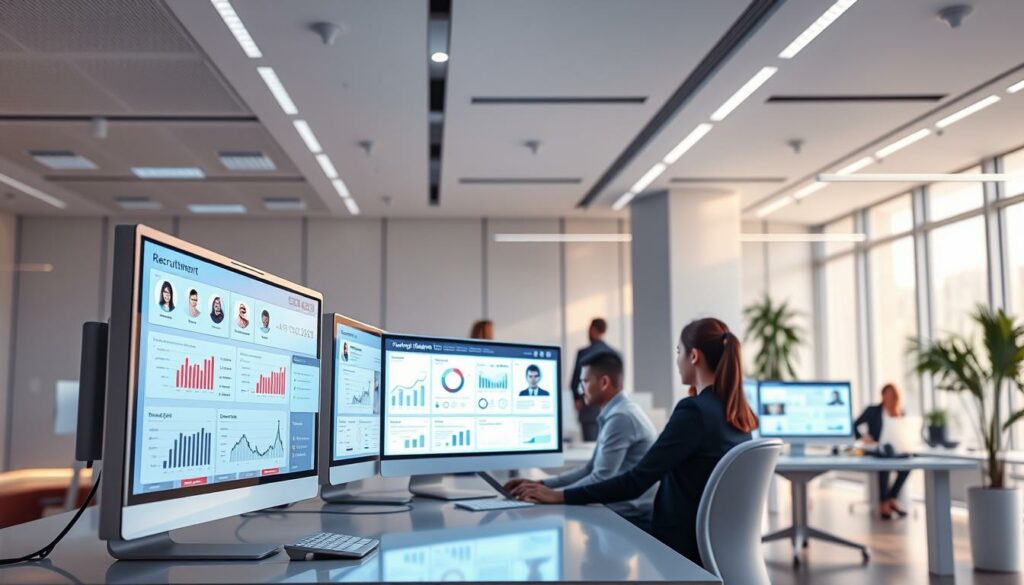 Un groupe de personnes travaillant sur des ordinateurs, illustrant la digitalisation des RH et montrant comment le recrutement digital transforme les méthodes de travail.