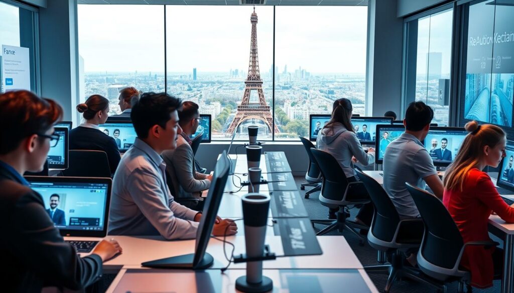 Des personnes travaillent sur des ordinateurs dans un bureau moderne avec de grandes fenêtres donnant sur la Tour Eiffel, tandis que des appels vidéo sur le recrutement digital et RH sont affichés sur des écrans dans toute la pièce.