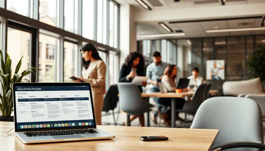 Un ordinateur portable affichant un organigramme de processus numérique de recrutement est posé sur un bureau moderne, avec un groupe de personnes collaborant autour d'une table à l'arrière-plan.