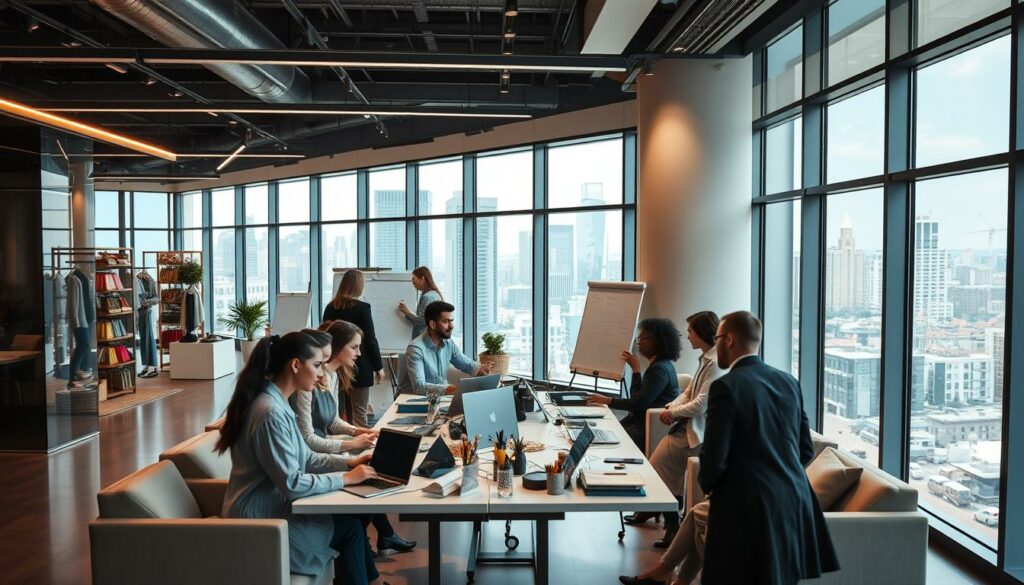 Un groupe de recruteurs travaille et collabore dans un bureau moderne doté de grandes fenêtres donnant sur l'horizon de la ville. Certains RH utilisent des ordinateurs portables pour naviguer sur leur ATS, tandis que d'autres discutent de stratégies d'embauche dans le secteur de la distribution à proximité d'un tableau de conférence.