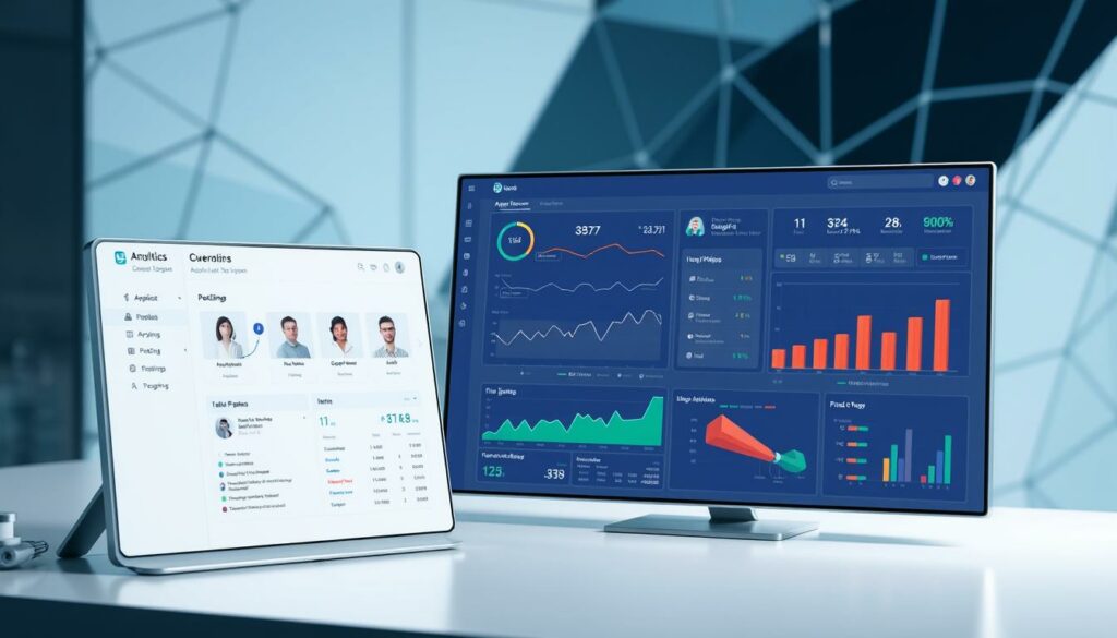 Une tablette et un écran affichent des tableaux de bord d'analyse commerciale avec des diagrammes, des graphiques et des mesures de performance, mettant en évidence les solutions ATS et logiciel de recrutement dans un environnement industriel.